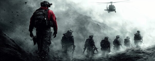 Fototapeta premium jet aircraft flying in the air and looking for a target. soldiers ready with their weapons. created by ai