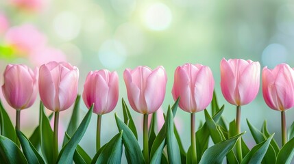 A row of delicate pink tulips with soft petals and vibrant green stems and leaves arranged at the bottom of the frame against a pastel bokeh background