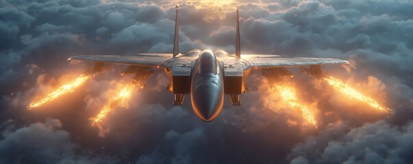 jet aircraft flying in the air and looking for a target. soldiers ready with their weapons. created by ai - obrazy, fototapety, plakaty