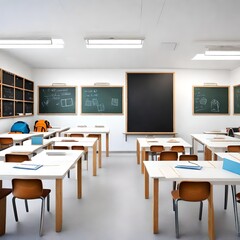Classroom with a modern touch, showcasing clean white desks, a well-kept blackboard, and lively backpacks