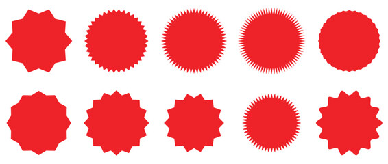 Starburst red sticker set - collection of special offer sale round and oval sunburst labels and buttons isolated on white background. Stickers and badges with star edges for promo advertising 