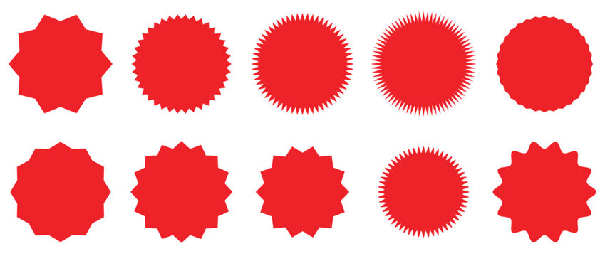 Starburst red sticker set - collection of special offer sale round and oval sunburst labels and buttons isolated on white background. Stickers and badges with star edges for promo advertising 