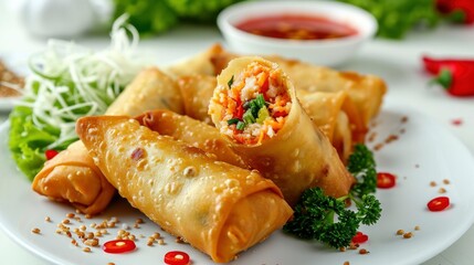 crab cake egg rolls festive christmas or easter appetizer with tomato sauce or ketchup