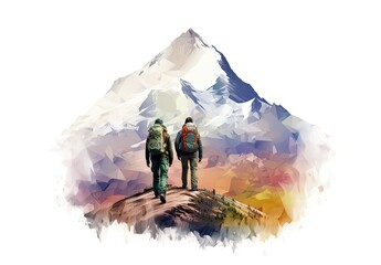 Two climbers climb to the top of a snowy mountain. Professional hiking. Climbing team. Tourism or sport life style concept. Illustration for cover, card, postcard, interior design, decor or print. - obrazy, fototapety, plakaty