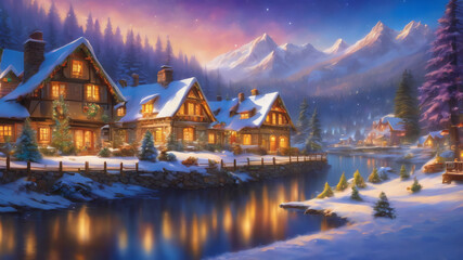 charming fairy tale village, snow-covered decorated Christmas trees, warm inviting cabin, ultra...