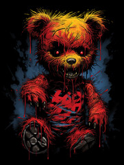T-shirt design, Zombie Teddy Bear 2d, comic book, hyper - detailed, red yellow black, ready to print created with Generative Ai