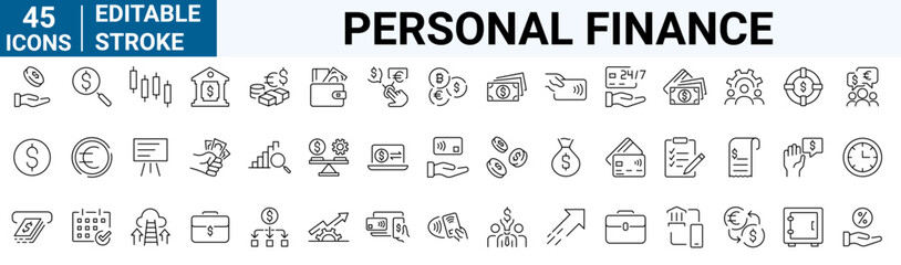 Personal Finance line web icons Money and Coins. Cash, Credit Cards, Money Bag, Containing banking, Investment, income, accounting, money, loan. Editable stroke.