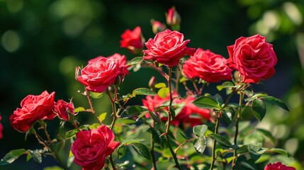 Red roses bloom in the summer in the country garden