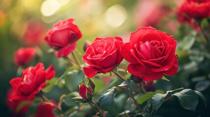 Red roses bloom in the summer in the country garden