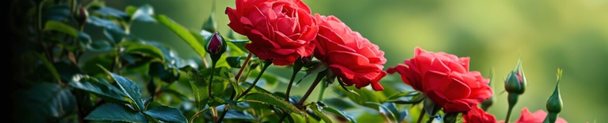 Red roses bloom in the summer in the country garden