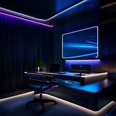 Elegant home office interior with dark hues, futuristic furniture, and ambient LED lighting in a brutal apartment