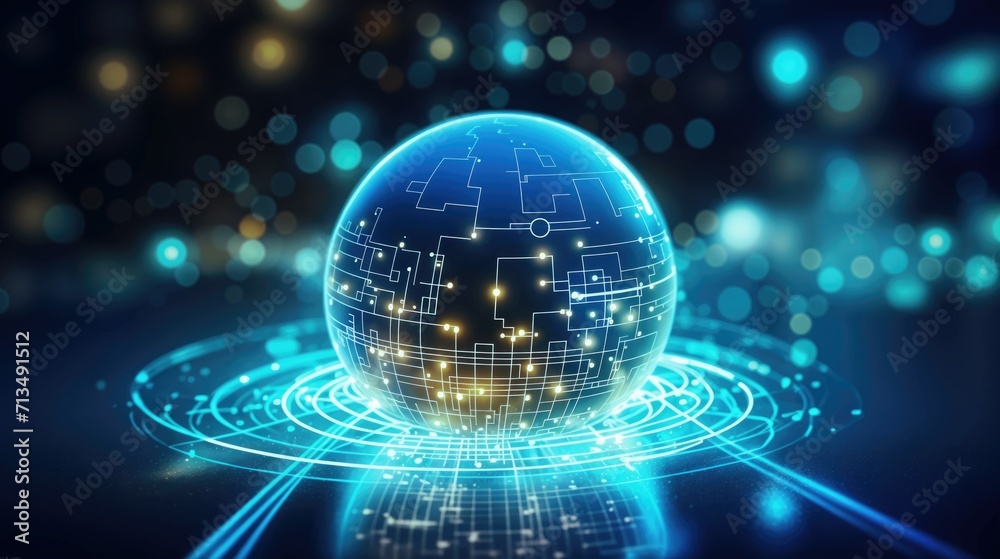 Poster a glowing digital globe with circuit board patterns stands on a futuristic interface with radiating 