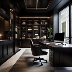 Sleek home office in a luxurious setting, adorned with dark tones and state-of-the-art LED lighting