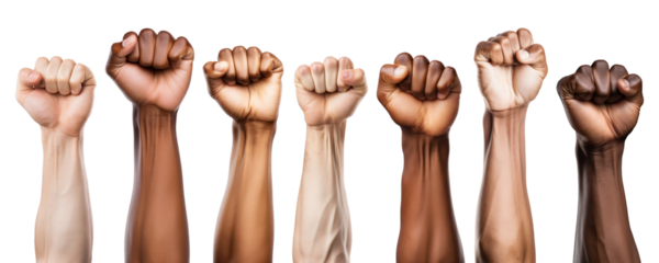 Raised fists of diverse skin tones isolated on transparent background