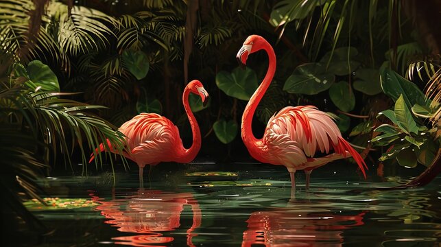 beautiful flamingos walking on water