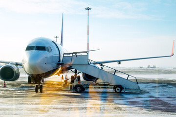 the plane is at the airport in close-up with a ramp