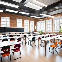 Well-lit and well-organized classroom featuring white desks, a sleek blackboard, and backpacks in vibrant hues