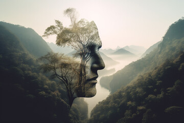 Nature, human connection with nature, environment concept. Human face silhouette made from greenery in forest background with copy space. Abstract minimalist illustration