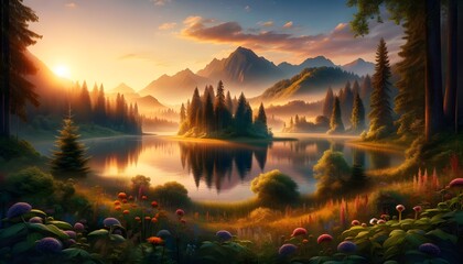 Lever du soleil magique : le ciel, orné de nuages, s'illumine au-dessus du lac. L'eau miroite cette scène naturelle, offrant un paysage à couper le souffle. - obrazy, fototapety, plakaty