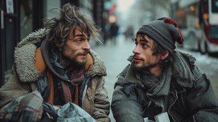 Obraz premium Portrait of two young and old homeless man talking to each other by sitting on a sidewalk of a street, wearing dirty cloth and messy hair
