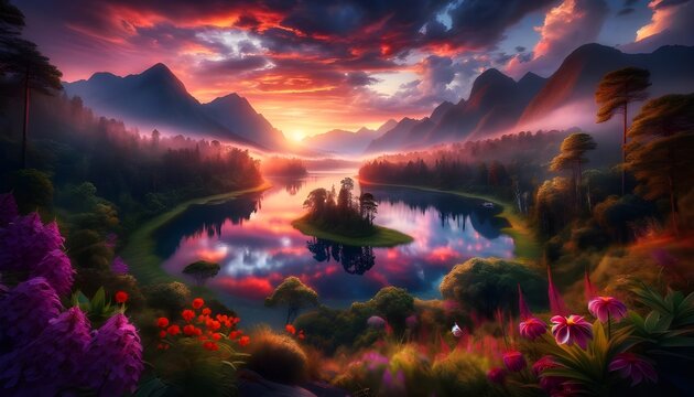 Coucher de soleil spectaculaire : le ciel, parsemé de nuages, se teinte de couleurs vives au-dessus du lac. L'eau reflète ce tableau naturel, créant un paysage paisible.