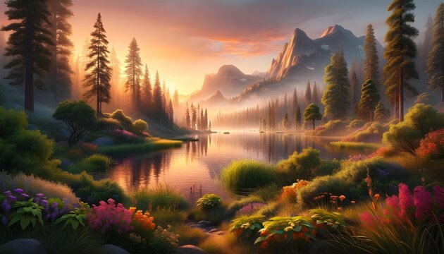 Lever du soleil sur un lac paisible : la lumière douce illumine montagnes et ciel, se reflétant dans l'eau. Ce paysage naturel est un havre de paix et de beauté.