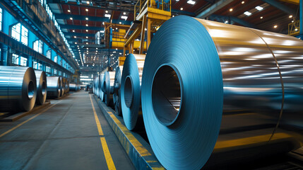 Sheet metal coils in an industrial environment. Rolls of galvanized sheet steel in the factory. - obrazy, fototapety, plakaty