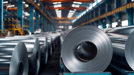 Sheet metal coils in an industrial environment. Rolls of galvanized sheet steel in the factory. - obrazy, fototapety, plakaty