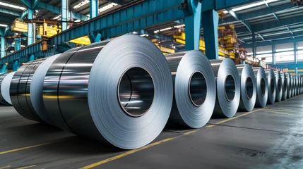 Zelfklevend Fotobehang Sheet metal coils in an industrial environment. Rolls of galvanized sheet steel in the factory. © Meta