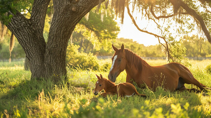A captivating photograph of a horse family resting under the shade of a tree, with the foal nestled close to its mother, showcasing the tranquility and unity within the equine fami - obrazy, fototapety, plakaty