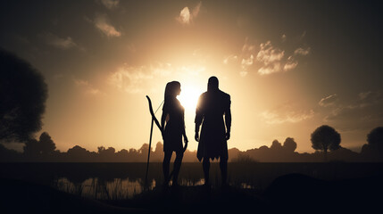 Two lovers, Adam and Eva biblical characters silhouette, Christian romantic couple near the waters at sunrise