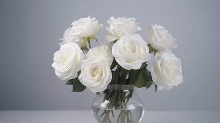 Realistic white roses in a glass vase on simple background