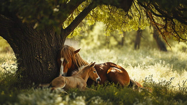 A captivating photograph of a horse family resting under the shade of a tree, with the foal nestled close to its mother, showcasing the tranquility and unity within the equine fami