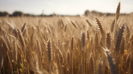 Realistic ripe ears of wheat in the field bathed in the sun's rays, nature landscape