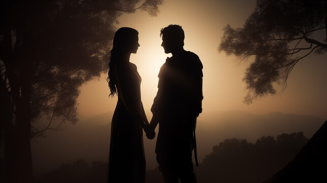 Adam and Eva biblical characters silhouette, Christian romantic couple on sunrise background under the shade of the trees