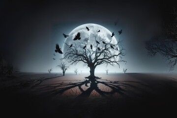 arbol con la luna detras y cuervos