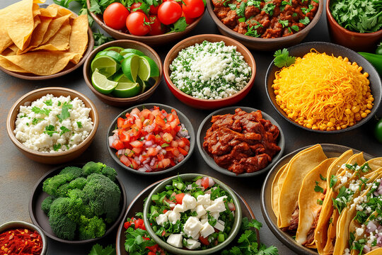 Mexican festive food, chiles en nogada, tacos al pastor, chalupas pozole, tamales, chicken with mole poblano sauce, top view