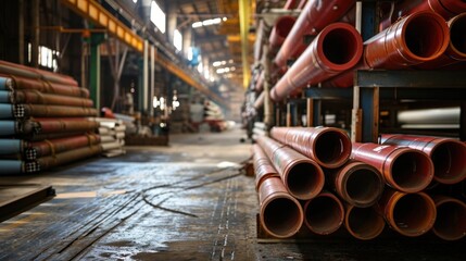 Stacks of round metal pipes on the factory premises - obrazy, fototapety, plakaty