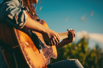 In sunlight, a young artist plays an acoustic guitar in a park, creating melodic beauty. - obrazy, fototapety, plakaty
