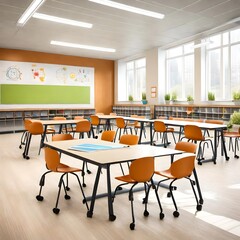 Modern elementary school classroom featuring smart whiteboards, ergonomic chairs, and cheerful decorations