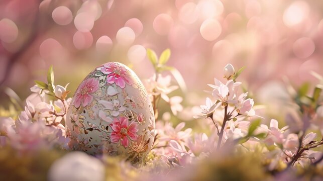Easter egg in flower bokeh background