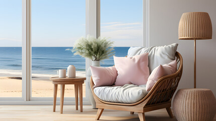 Fototapeta na wymiar Coastal style room in light pastel tones with rattan furniture and mock up frame in interior background
