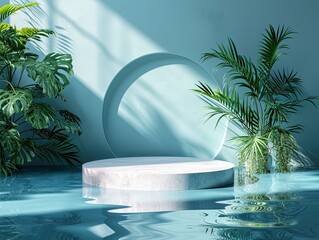Fototapeta na wymiar Aqua Oasis: Tropical Palm Trees and Spherical Ornaments on Glossy Turquoise Podium - Contemporary 3D Render for Product Display