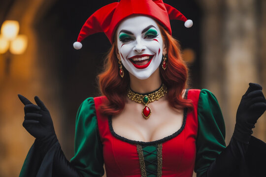 Medieval female jester with colorful dress and makeup