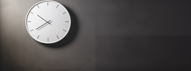 Clock on wall. Black wall. Cement wall