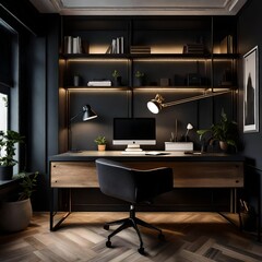 Elegant home office interior with dark aesthetics, cutting-edge design, and ambient LED illumination in a brutal apartment