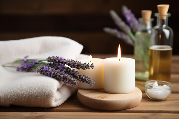 Obraz na płótnie Canvas relaxing aromatherapy treatment,still life of folded towels,lavender oil,candles and lavender twigs,on a wooden base,the concept of the spa industry