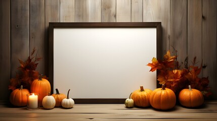 Black mock up frame with autumn candles and pumpkin decoration on a white shelf