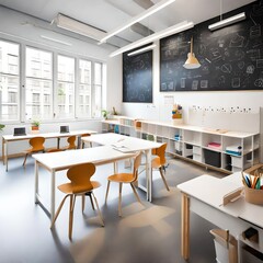 Well-lit educational space featuring clean white desks, a polished blackboard, and backpacks adding a playful touch