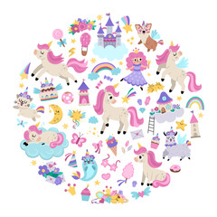 Vector round frame for unicorn party. Fairytale card design for banners, invitations, postcards, social media. Cute magic fantasy world illustration with animals, fairy, rainbow, star, crystal